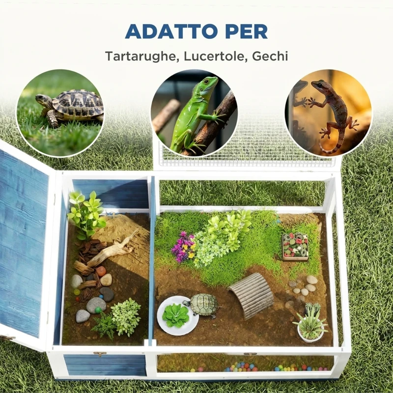 PawHut Casa per Tartarughe di Terra in Legno di Abete con Pannello Apribile e 2 Spazi Separati, Blu