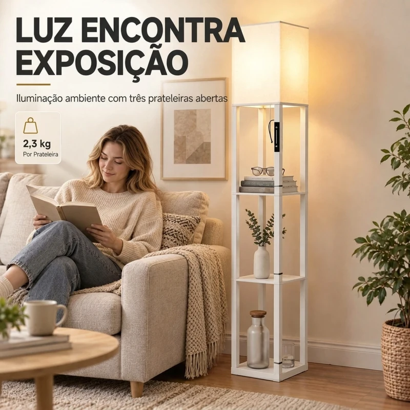 HOMCOM Candeeiro de Pé com 3 Prateleiras, LED Regulável, Controlo Tátil e Remoto, Abajur em Tecido, Lâmpada Incluída, Branco
