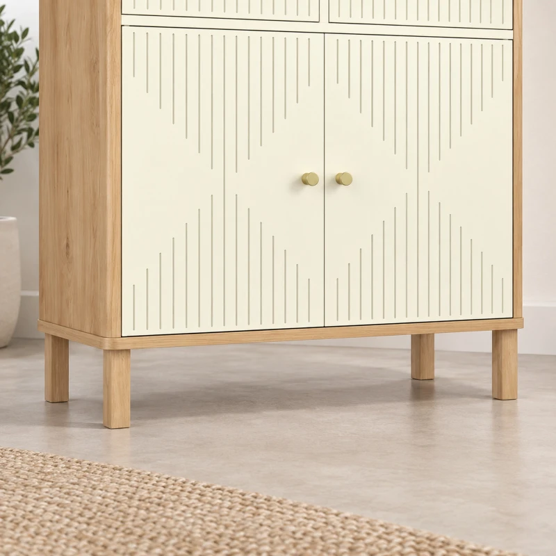 HOMCOM Aparador Móvel de Arrumação Canelado com Tampo Efeito Carvalho 2 Gavetas 2 Portas Prateleira Ajustável 77x30x80 cm Creme