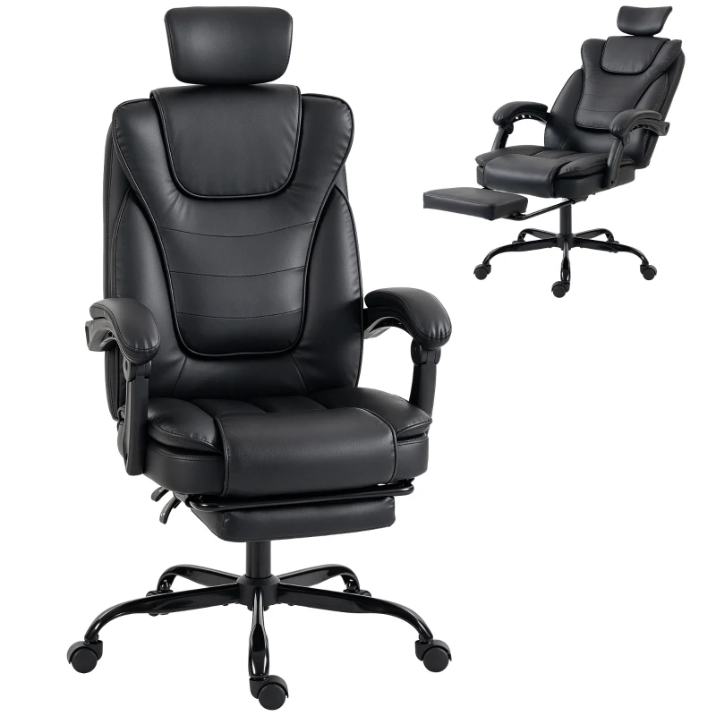 HOMCOM Scaun Gaming Ergonomic, Fotoliu Gaming Înclinabil din Piele Sintetică, Înălțime Reglabilă, Suport Cap 2D, Negru