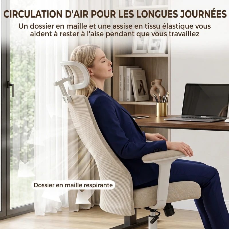 HOMCOM Chaise Bureau Ergonomique, Fauteuil Bureau en Maille, Soutien Lombaire à Mémoire de Forme, Accoudoirs Réglables, Beige