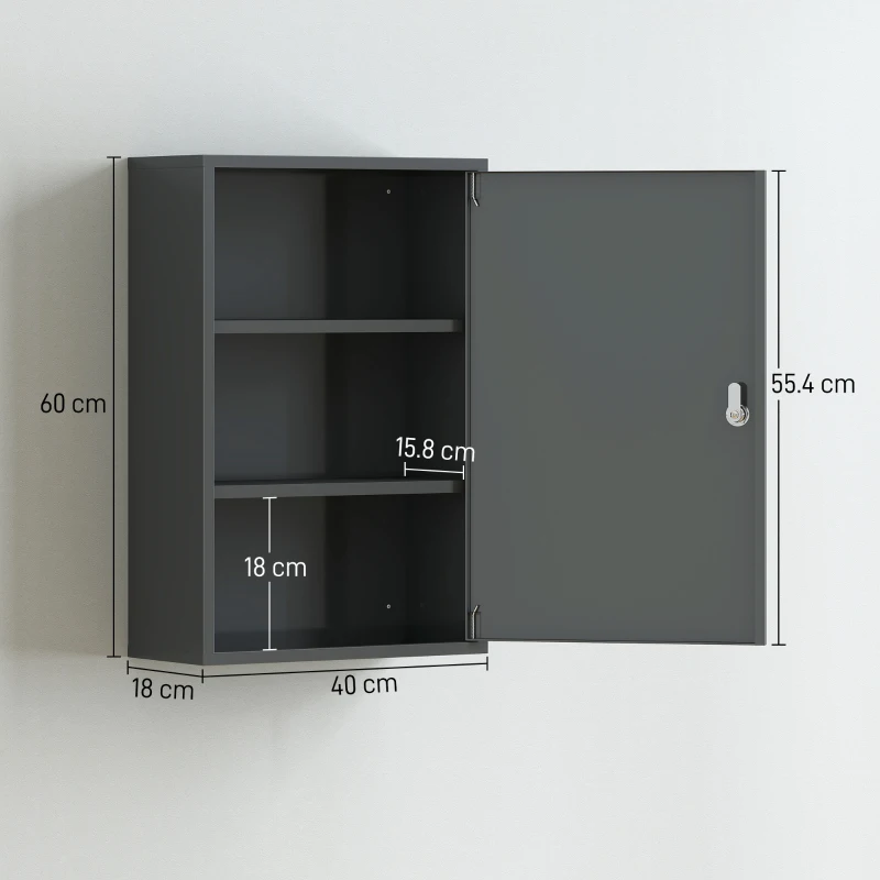 kleankin Dulap pentru medicamente cu 3 niveluri din metal, cu 2 chei și montare pe perete, 40 x 18 x 60 cm, gri