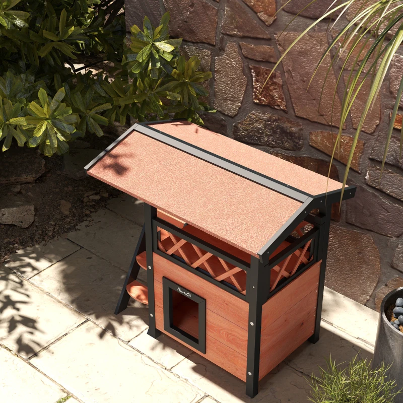 PawHut Caseta para Gato Exterior con Terraza, Escalera, Techo, Nicho Villa, 77 x 50 x 73 cm Marrón y Rojo