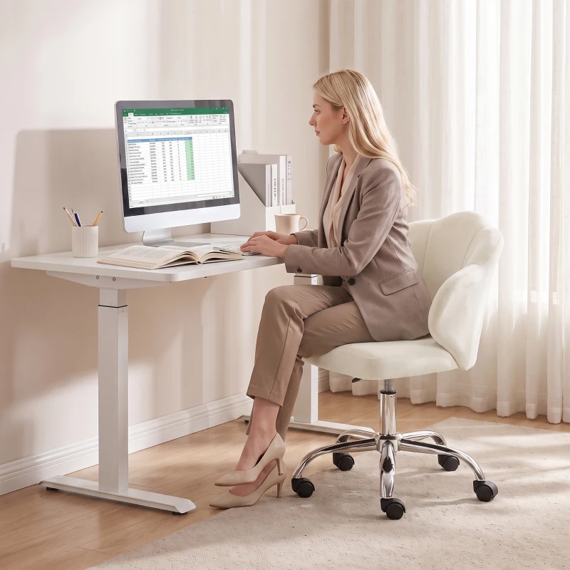 HOMCOM Chaise Bureau en Velours, Chaise Coiffeuse avec Dossier en Pétale, Hauteur Réglable, Fonction Bascule, Crème