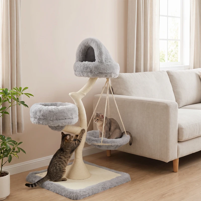 PawHut Arranhador 115 cm de Altura Árvore para Gatos em Forma de Árvore 2 Camas Laváveis Rede Poste de Sisal para Gatos até 6 kg