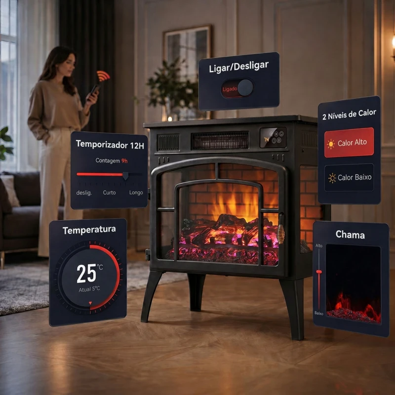 HOMCOM Lareira Elétrica 1000/2000 W com Efeito de Chama 3D Vista em 3 Lados Termóstato Wi-Fi 5 Cores e Temporizador 12 h Preta