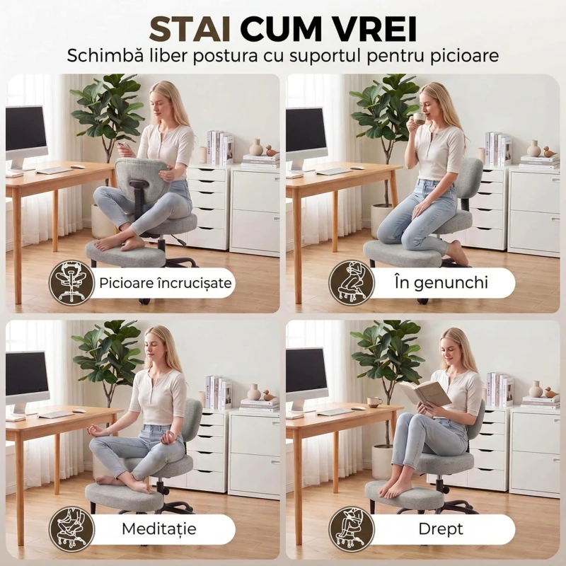 HOMCOM Scaun de Birou Ergonomic pentru Stat cu Picioarele Încrucișate, Rotire 360° cu Roți, Gri Deschis