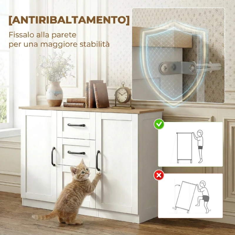 HOMCOM Credenza Cucina, Mobile Cucina con 3 Cassetti, 2 Ante, Soft Close, per Sala da Pranzo Ingresso Salotto, 110x35x80.4cm, Bianco