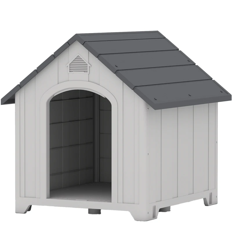 PawHut Cușcă pentru câine de exterior, casă pentru câine din polipropilenă impermeabilă, ventilată, pardoseală ridicată 66x55x65cm gri deschis