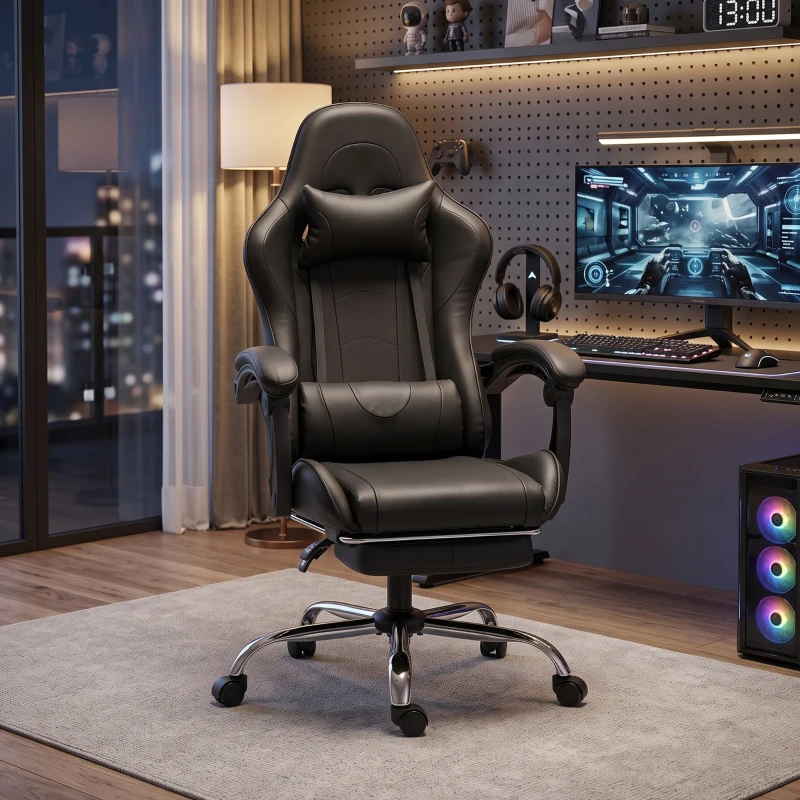 HOMCOM Scaun Gaming Ergonomic cu Pernă Lombară Masantă, Fotoliu Gaming Înclinabil din Piele Sintetică, Negru