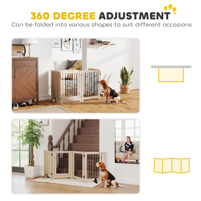 PawHut 4 Panel Freestanding Pet Gate, Indoor Dog Barrier with Lockable Door, Support Feet, 360° Flexible Hinges, Oak
