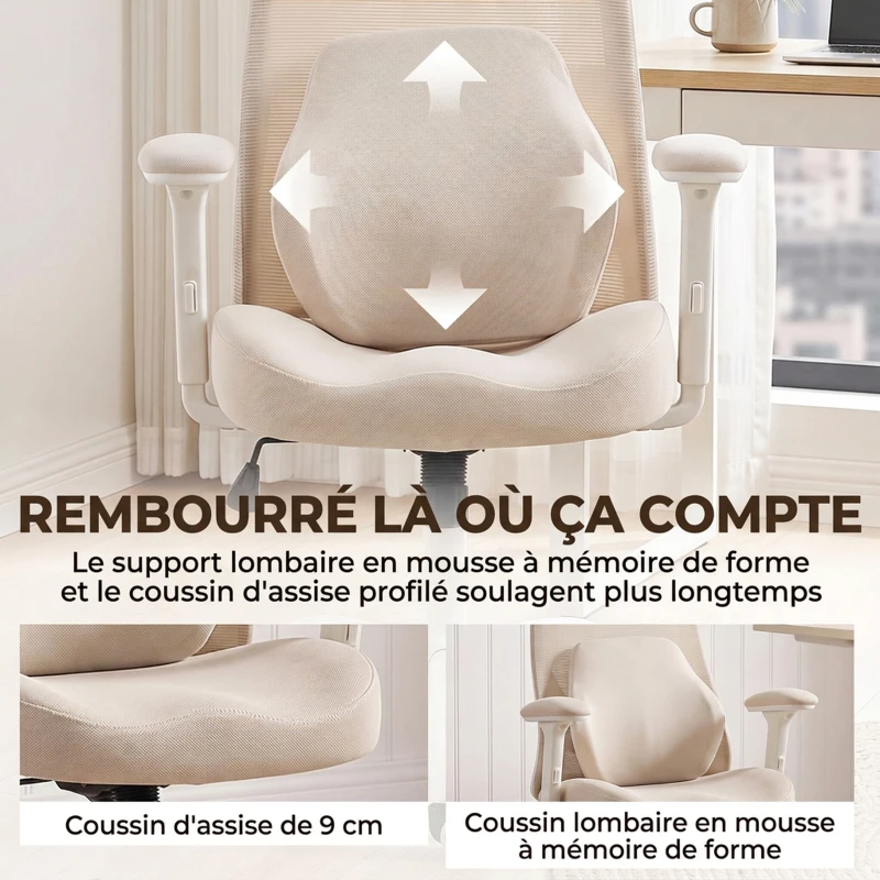 HOMCOM Chaise Bureau Ergonomique, Fauteuil Bureau en Maille, Soutien Lombaire à Mémoire de Forme, Accoudoirs Réglables, Beige