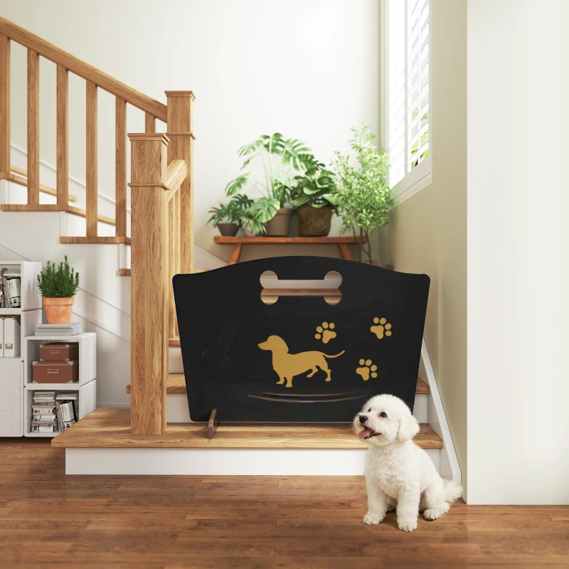 PawHut Wooden Dog Stopper, Dog Barrier with Support Feet, for Stair, Patio, Very Easy Setup, Black, 75 x 51 cm