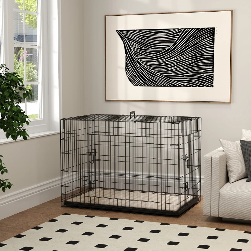 PawHut Jaula Dobrável para Cães com Almofada, Portas, Tabuleiro Amovível e Estrutura Metálica, 106x71,5x76 cm, Preto e Bege