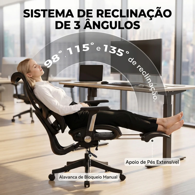 HOMCOM Cadeira de Escritório Ergonómica com Apoio Lombar, Encosto Alto Reclinável em Malha, Apoio para os Pés e Altura Ajustável Preta