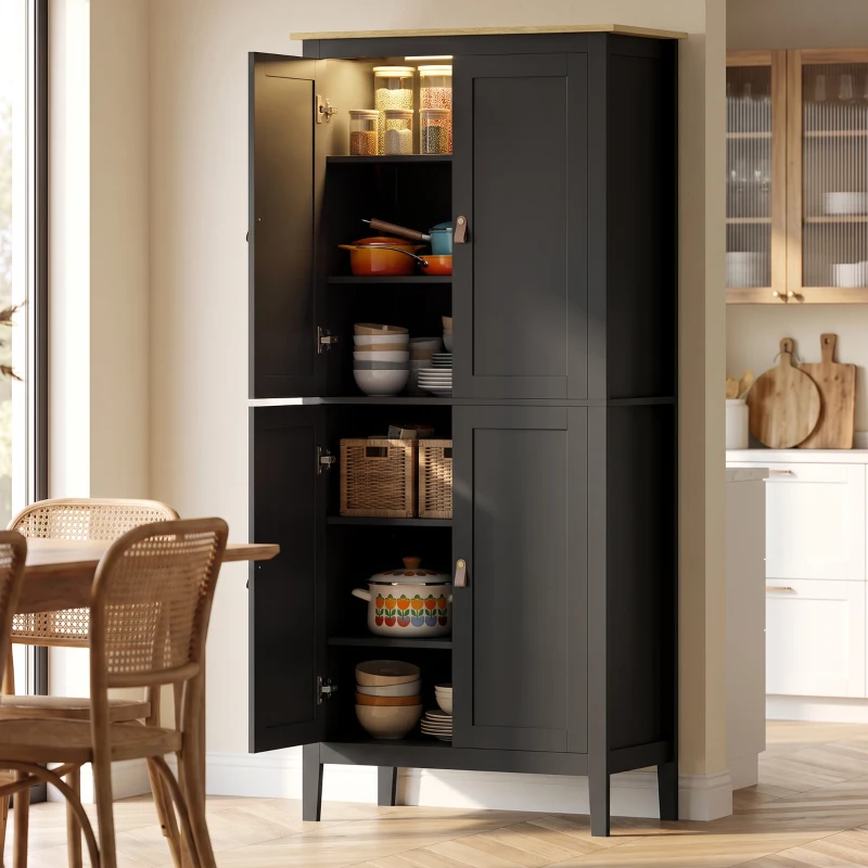 HOMCOM Bufet de bucătărie, mobilier de depozitare înalt cu LED reglabil și senzor de mișcare, 80 x 40 x 176,5 cm, negru