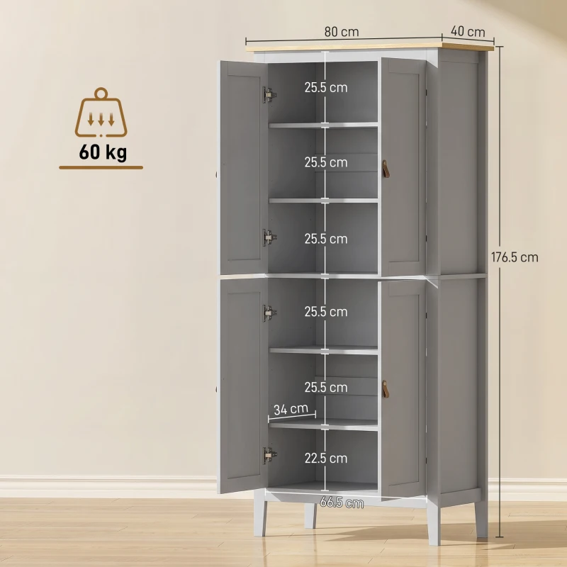 HOMCOM Tall Pantry Cupboard with Motion Sensor LED Light - Grey
