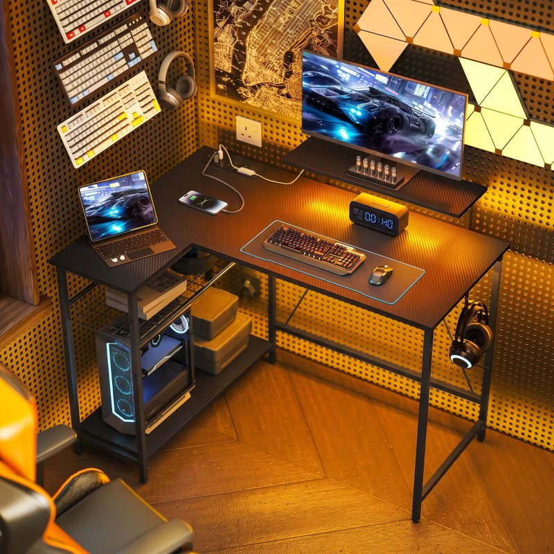 HOMCOM 114.5 cm L-Shaped Gaming Desk, Computer Desk with LED Lights, Power Station and Adjustable Mesh Shelf , Black