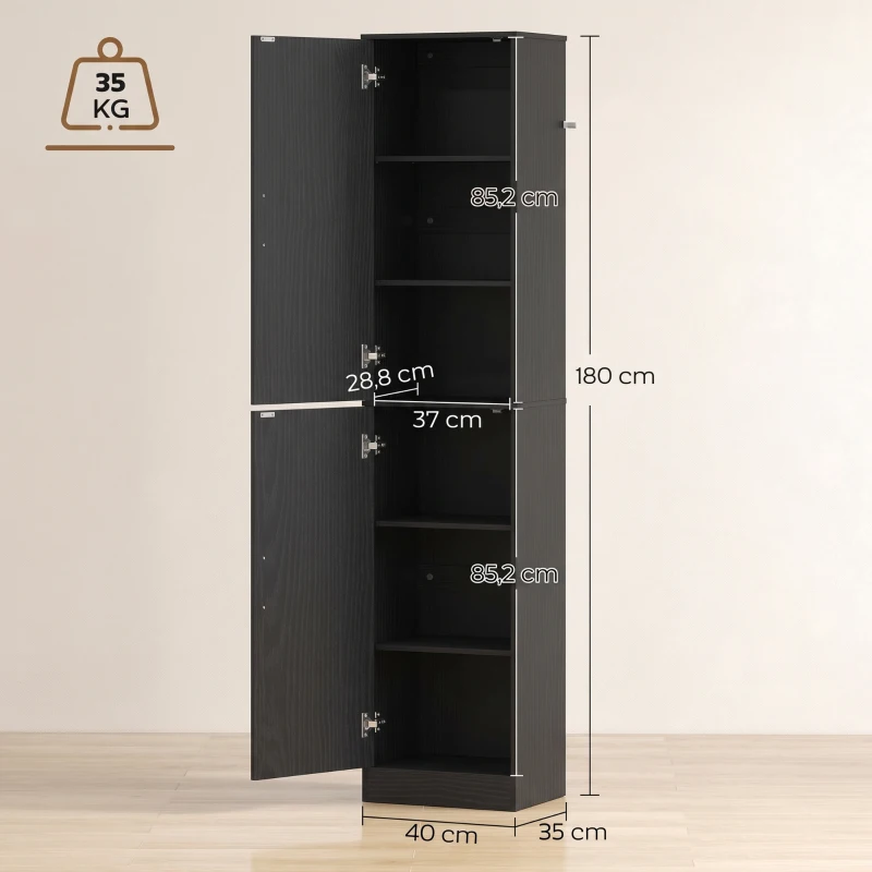 HOMCOM Coluna de Banheiro 6 Níveis, Móvel de Armazenamento Estreito, 2 Portas e 4 Prateleiras Ajustáveis, 40x35x180cm, Preto