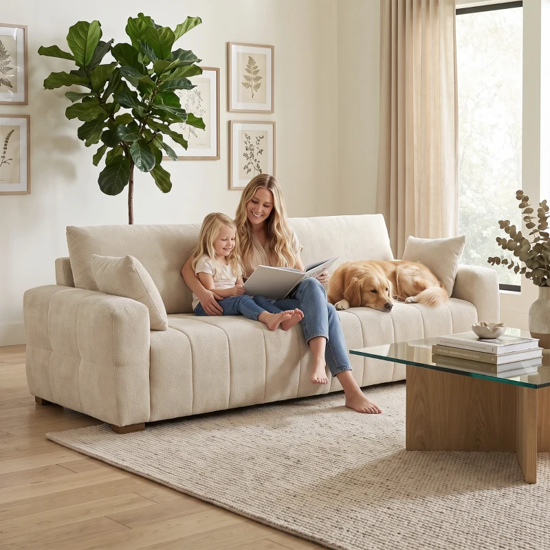 HOMCOM Sofá 3 lugares com apoios de braço ao nível do chão sofá estofado para sala pernas em madeira Creme