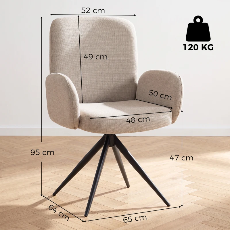 HOMCOM Swivel Accent Chair, Upholstered Linen-Look Armchair with Curved Backrest, Wrapped Armrests for Living Room, Light Brown