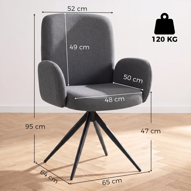 HOMCOM Swivel Accent Chair, Upholstered Linen-Look Armchair with Curved Backrest, Wrapped Armrests for Living Room, Grey