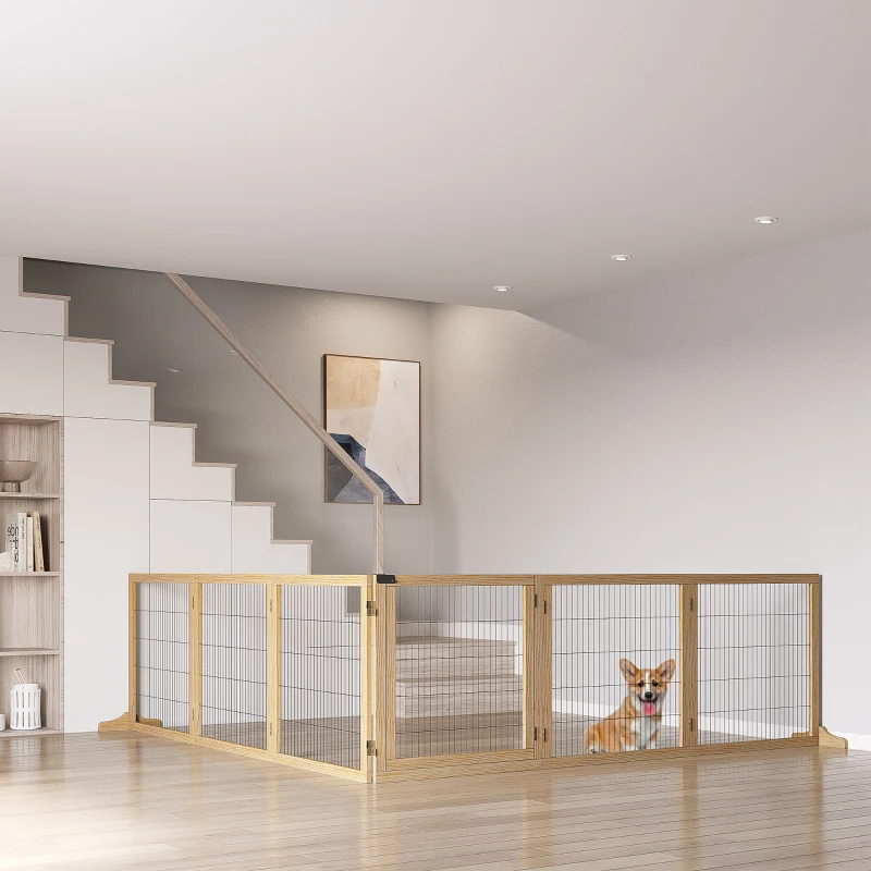 PawHut Wooden Pet Gate, Freestanding Dog Security Barrier with Two Support Feet - Natural Tone