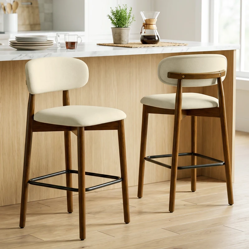 HOMCOM Conjunto de 2 Banquetas de Bar, Cadeiras de Bar em Chenille, Assento Acolchoado, Encosto e Apoio para os Pés, Pés em Madeira, Bege