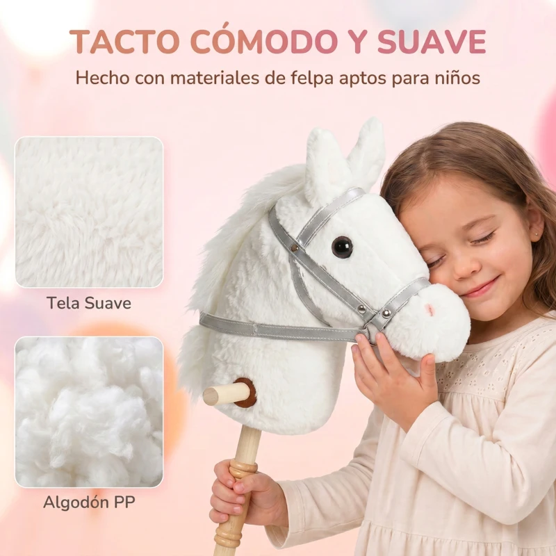 AIYAPLAY Cabeza de Caballo con Palo de Madera con Ruedas Sonidos de Cascos y Relinchos Asas de Agarre 95 cm Blanco
