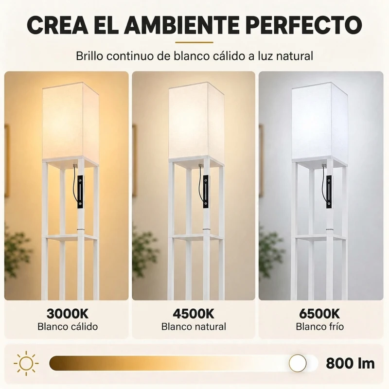 HOMCOM Lámpara de Pie con 3 Estantes Luz LED Regulable Control Táctil y Remoto Pantalla de Tela Bombilla Incluida Blanco