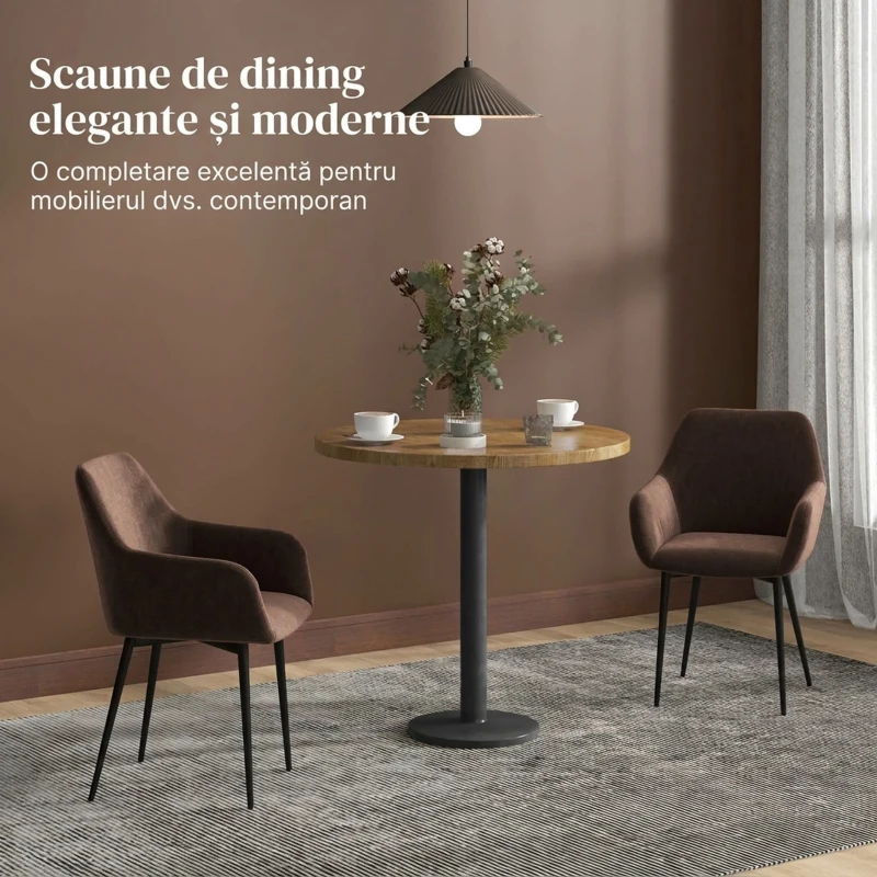 HOMCOM Set 2 Scaune de Dining Nordice Tapițate cu Brațe Curbate din Țesătură cu Efect de Catifea, 54x57x80 cm, Maro