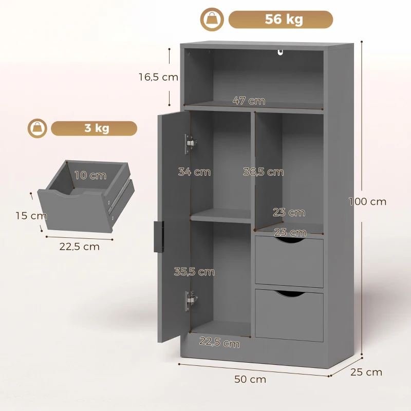 HOMCOM Móvel de Casa de Banho Móvel de Arrumação Estreito com 2 Gavetas Compartimentos Abertos 50x25x100 cm Cinza