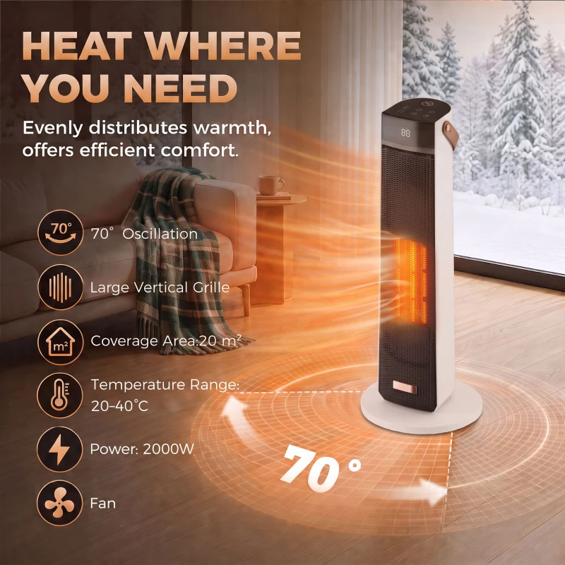 HOMCOM Portable Space Heater with Realistic Flame Effect, 2000W Ceramic Heater with Eco Mode, Adjustable Thermostat, Remote
