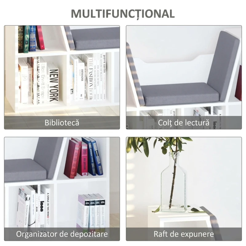 HOMCOM Bibliotecă 2 în 1 cu 6 secțiuni, cu perne moi, din lemn, spumă și poliester, 102x30x61 cm, alb