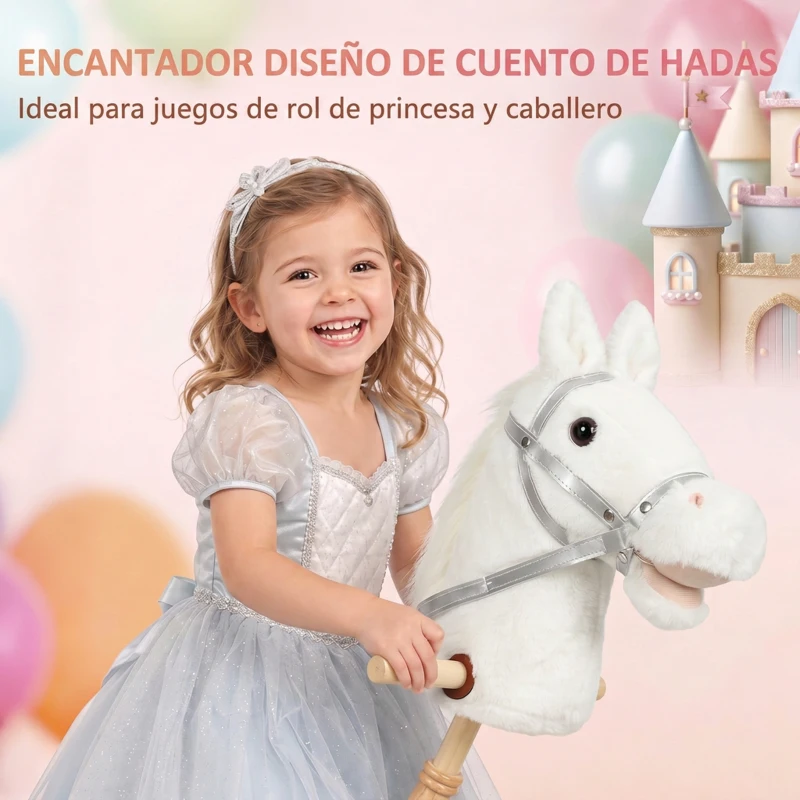 AIYAPLAY Cabeza de Caballo con Palo de Madera con Ruedas Sonidos de Cascos y Relinchos Asas de Agarre 95 cm Blanco