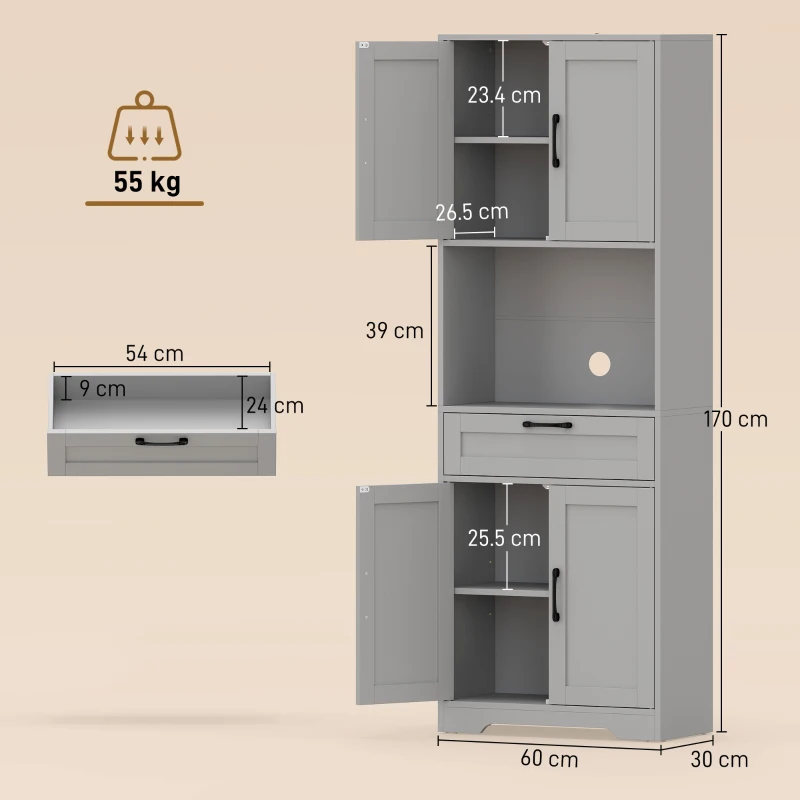 HOMCOM 170 cm Tall Kitchen Pantry with Adjustable Shelves, Freestanding Storage Cabinet with Open Shelf, Grey