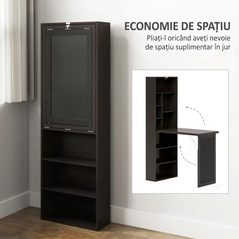 HOMCOM Birou Modern Pliabil cu Bibliotecă și Tablă, din Lemn și Metal, 98x51x153 cm, Maro