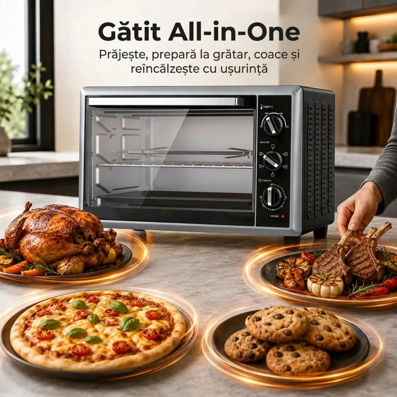 HOMCOM Mini Cuptor Electric cu Convecție și Rotisor, 32L, 1500W, Negru