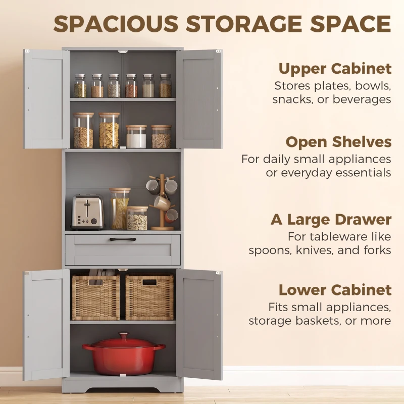 HOMCOM 170 cm Tall Kitchen Pantry with Adjustable Shelves, Freestanding Storage Cabinet with Open Shelf, Grey