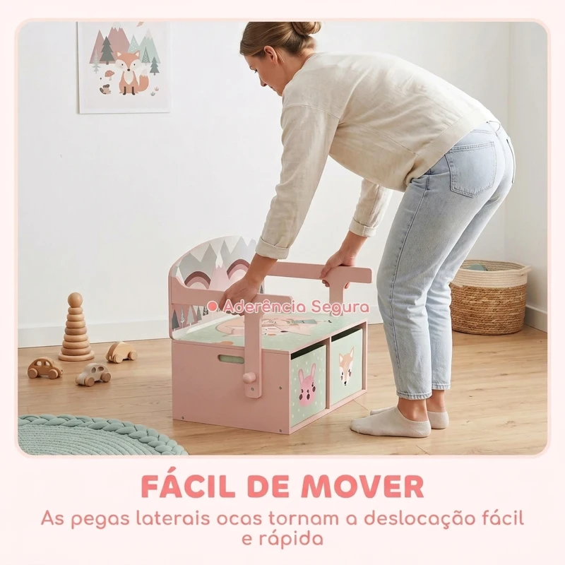 AIYAPLAY 3 em 1 Banco Porta-Brinquedos para Crianças, Convertível em Mesa e Cadeira com 2 Caixas, Estampa Raposinha, Rosa