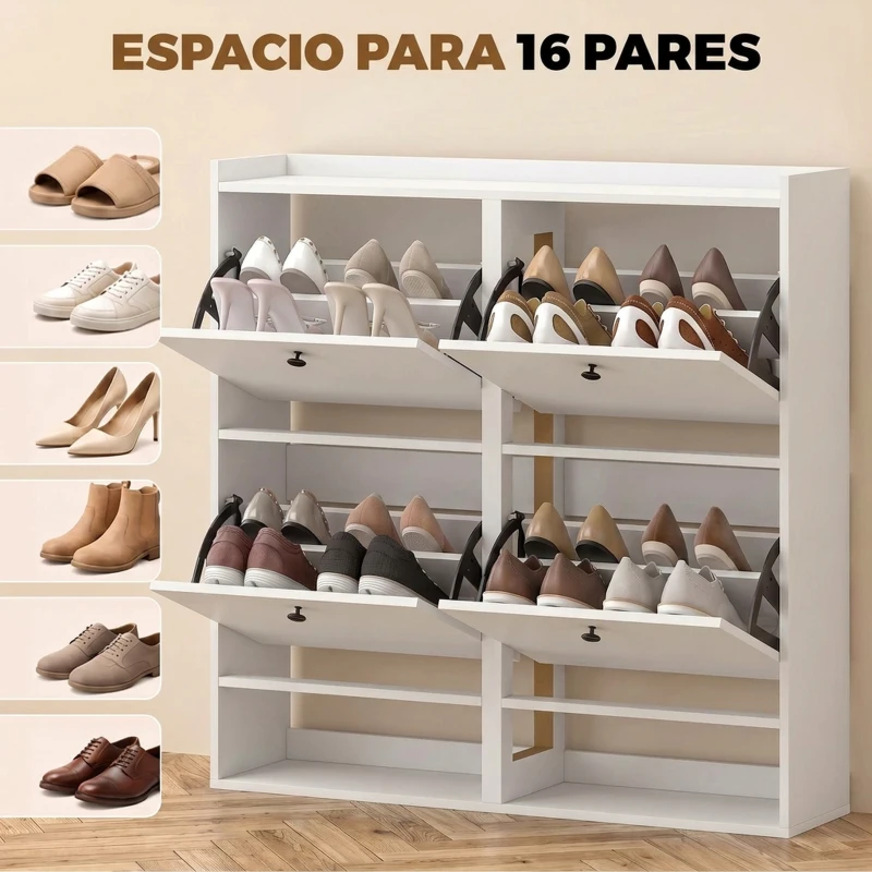 HOMCOM Zapatero Recibidor Entrada con 4 Cajones Abatibles y Estante Abierto Estantes Ajustables Encimera hasta 16 Pares Blanco