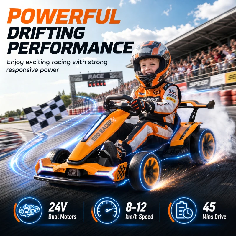 AIYAPLAY 24V Electric Go Kart for Kids 6-12 Years with Drift Mode, Adjustable Seat, 3 Speed, Slow Start, Orange
