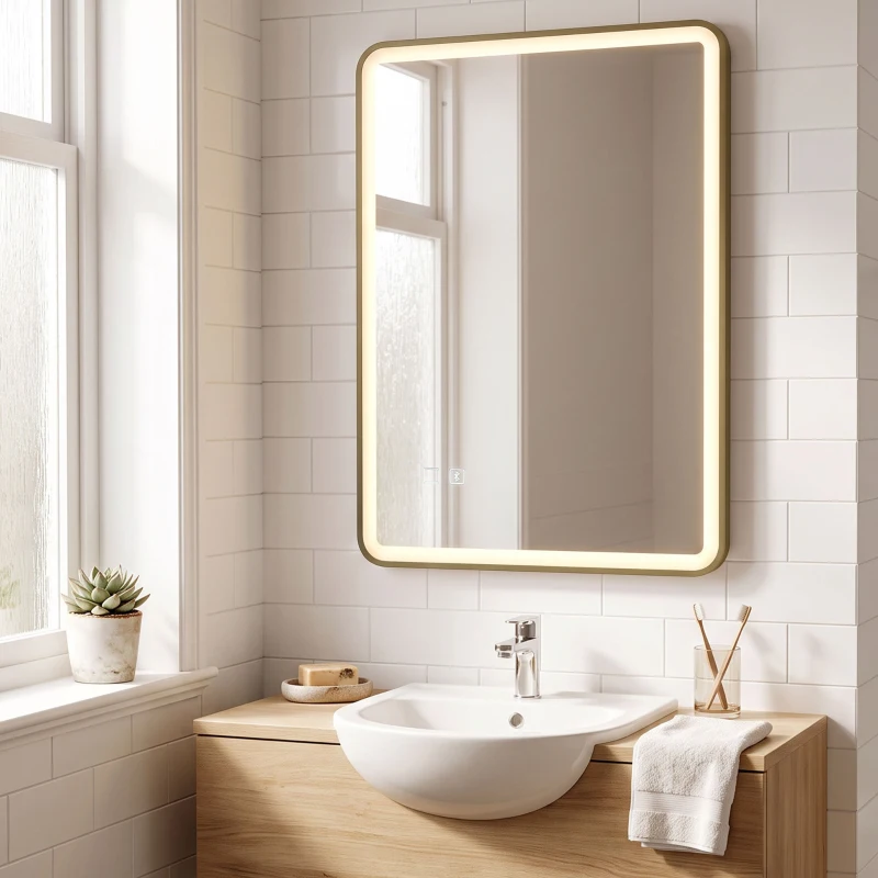 HOMCOM Bathroom Mirror with LED Lights, 100x70cm Rectangle Bathroom Mirror, Dimmable, Bluetooth, Anti-Fog, Gold Tone