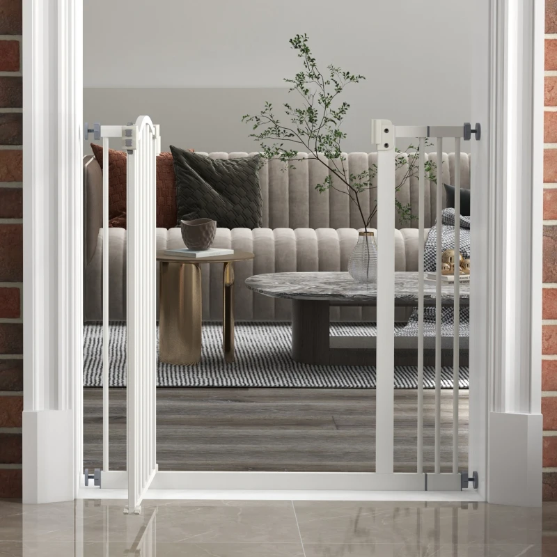 PawHut Cancelletto per Cani Estensibile con 2 Blocchi e Chiusura Automatica, in Metallo e Plastica, 74-87x78 cm, Bianco