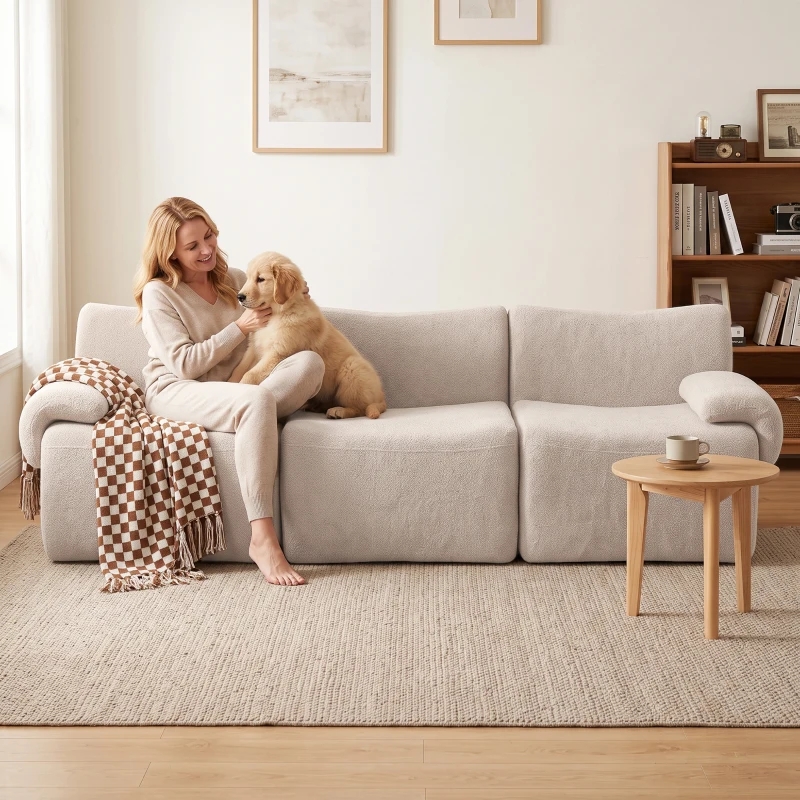 HOMCOM Canapé 3 Places Modulable 277 cm, Canapé Salon Compressé en Chenille Moderne, Assise Profonde, Accoudoirs Larges, Beige