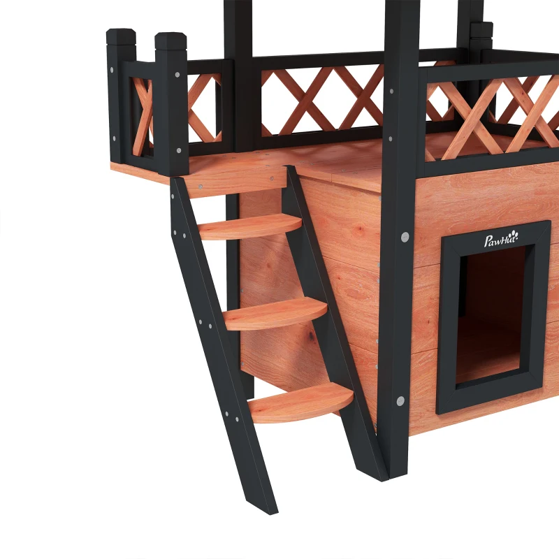 PawHut Caseta para Gato Exterior con Terraza, Escalera, Techo, Nicho Villa, 77 x 50 x 73 cm Marrón y Rojo