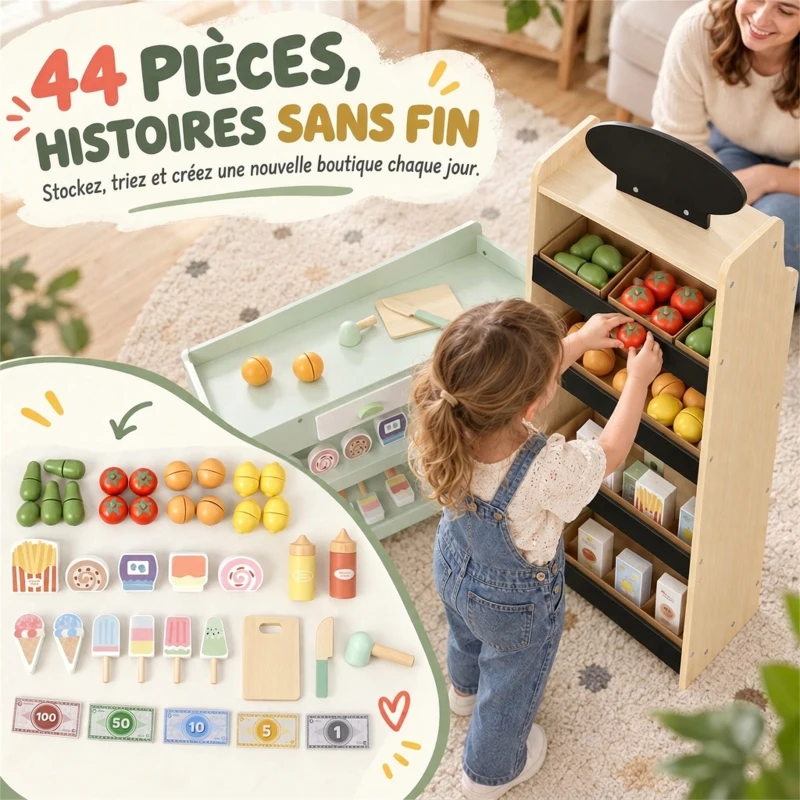 AIYAPLAY Marchande Enfants en Bois, Caisse Enregistreuse, Aliments Factices, Tableau Noir et 44 Accessoires, pour 3 à 6 Ans