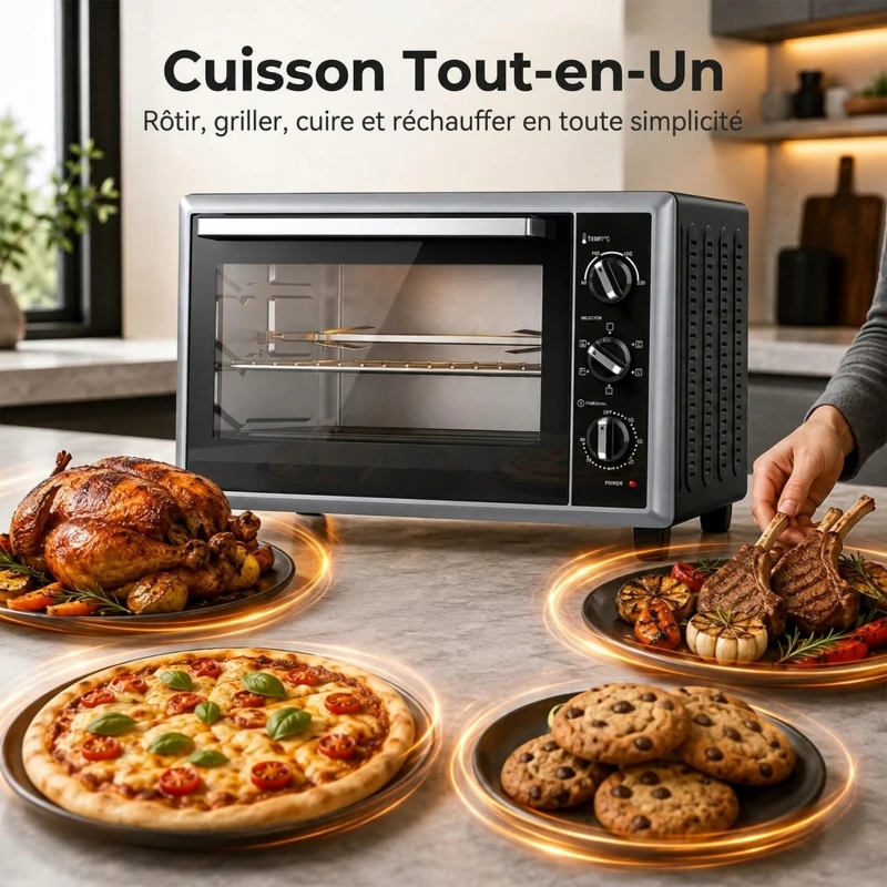 HOMCOM Mini-Four Électrique avec Broche Rotative 32L 1500W, Four à Convection Multifonction, Chaleur Tournante, Minuterie, Noir