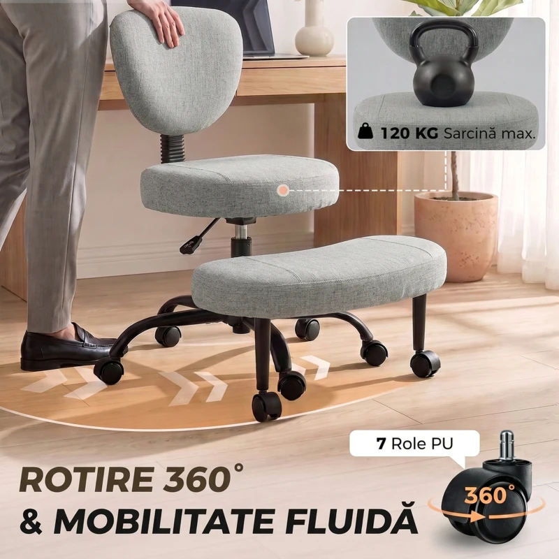 HOMCOM Scaun de Birou Ergonomic pentru Stat cu Picioarele Încrucișate, Rotire 360° cu Roți, Gri Deschis
