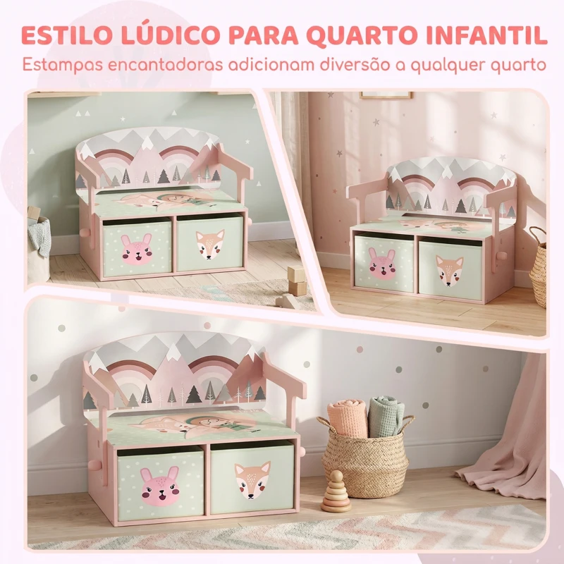 AIYAPLAY 3 em 1 Banco Porta-Brinquedos para Crianças, Convertível em Mesa e Cadeira com 2 Caixas, Estampa Raposinha, Rosa